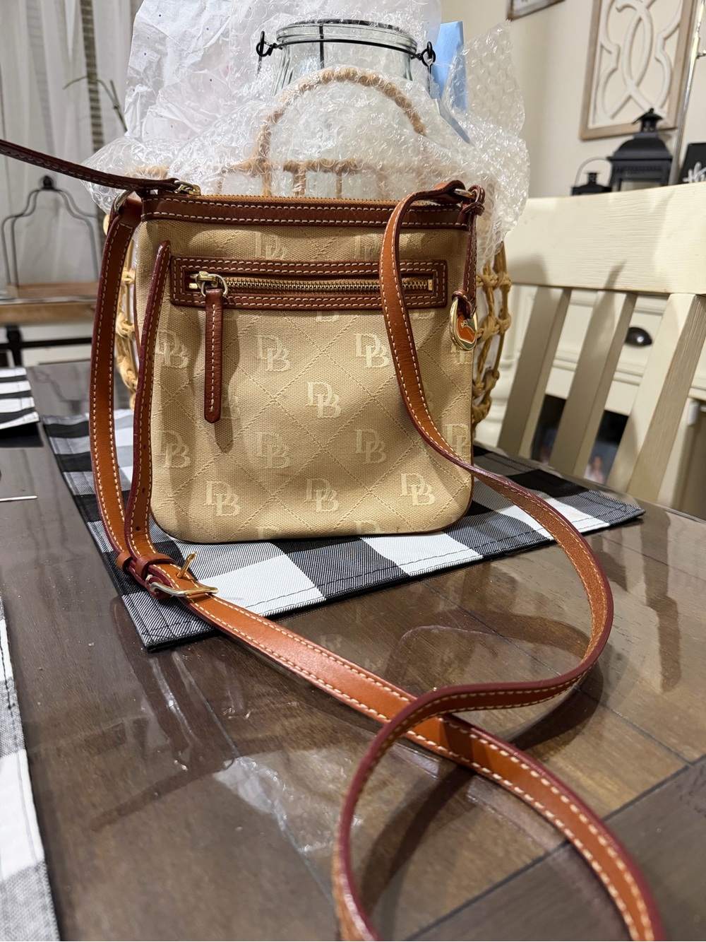 Dooney & Bourke Beige Crossbody with Brown Leather Trim
